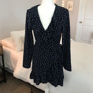 Star Patterned Navy Long Sleeve Wrap Dress